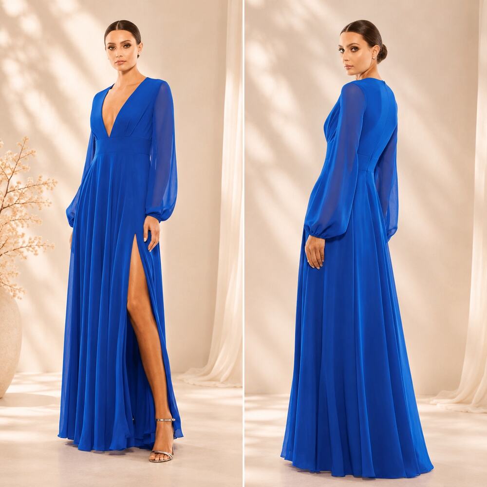 Mac Duggal Blue V-Neck Illusion Long Sleeve Chiffon Gown Maxi Dress Size 4 55680